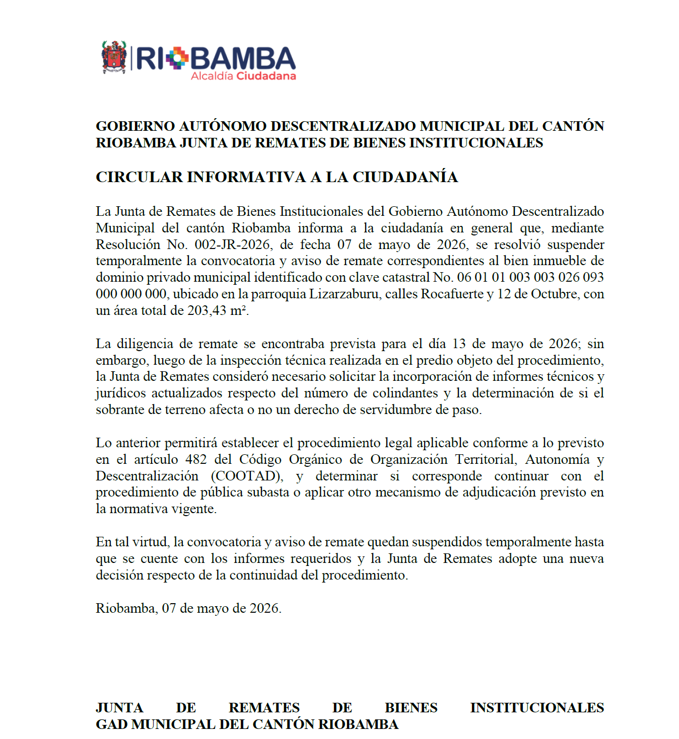 COMUNICADO - Remate de bienes