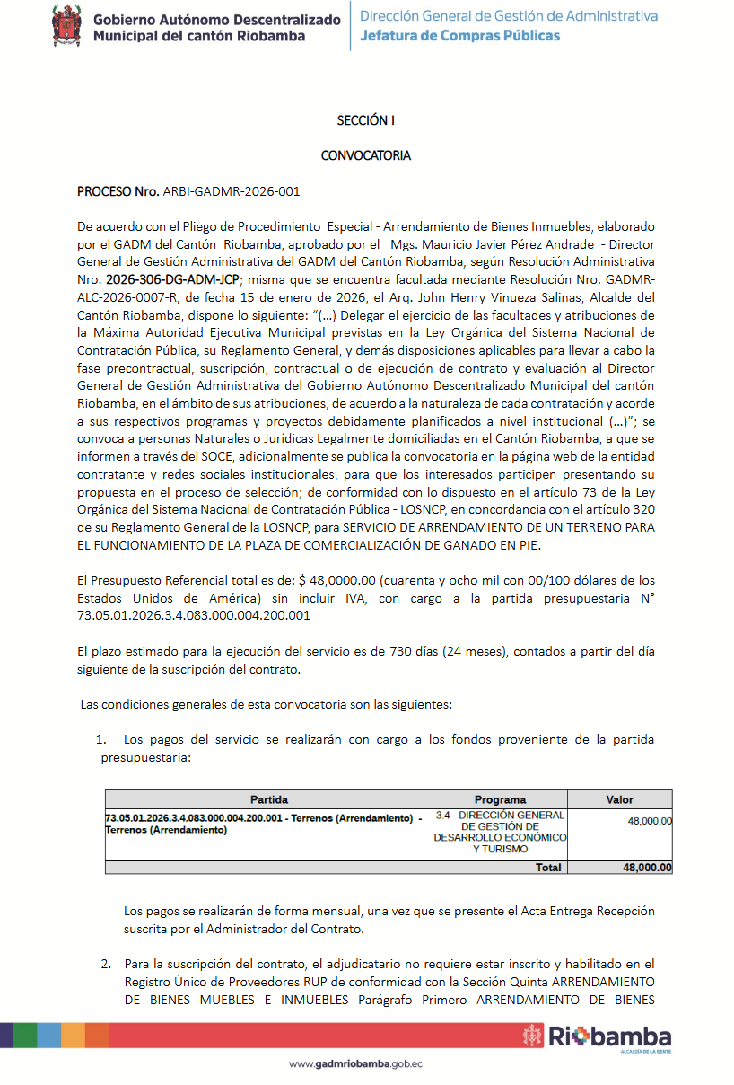 COMUNICADO - Servicio de arrendamiento de un terreno para el funcionamiento de la plaza de comercialización de ganado en pie